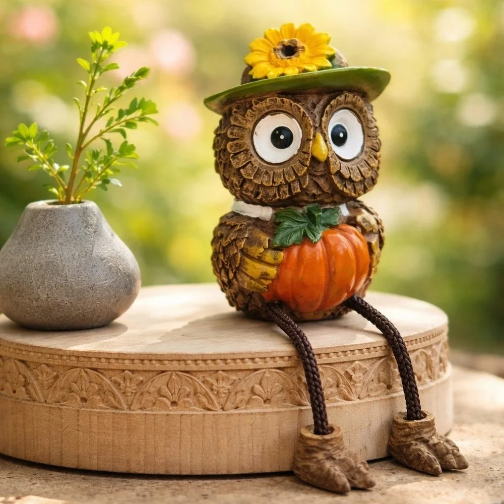 Vintage‎ Owl Holding A Pumpkin Shelf Sitter Resin